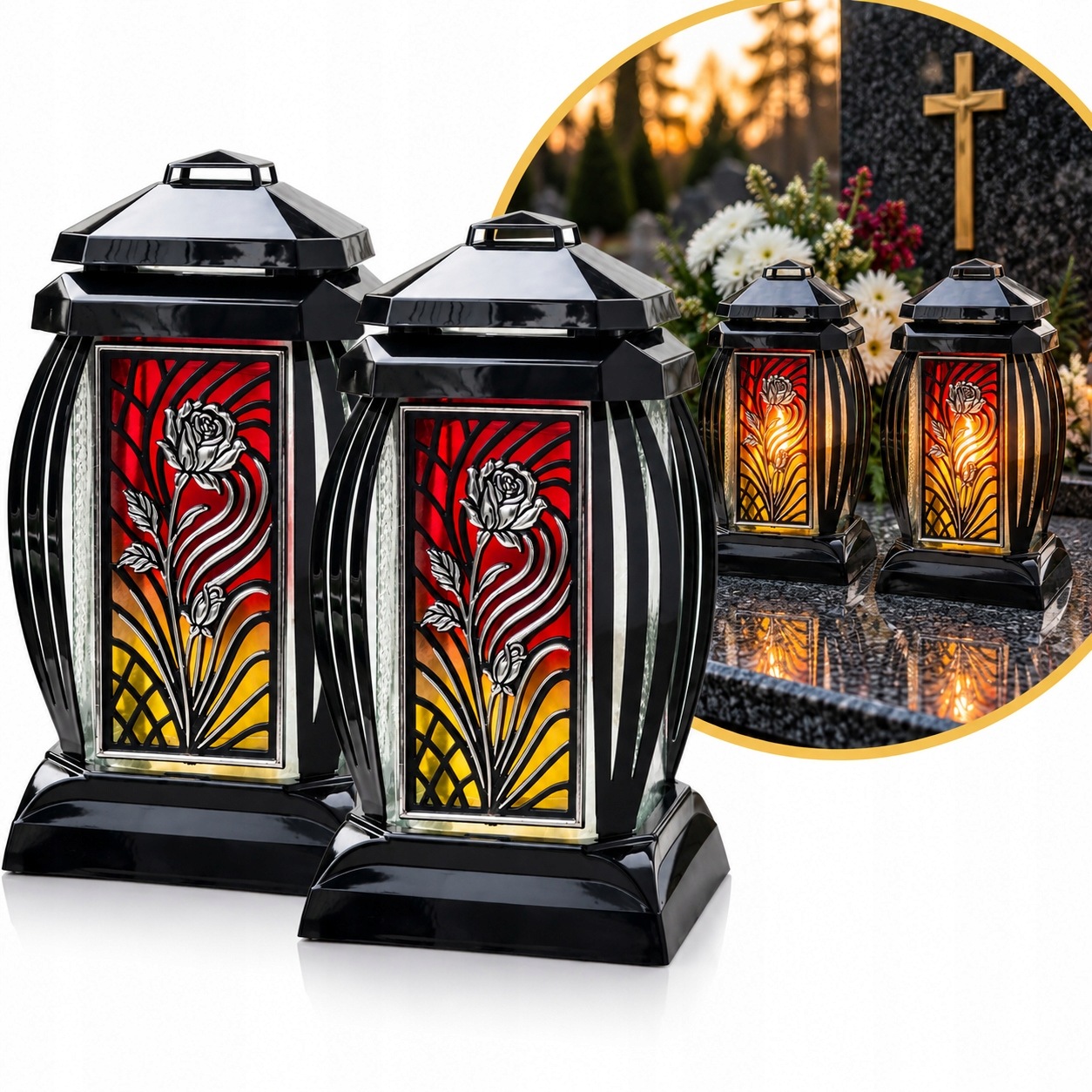 Hřbitovní Svíčka Černý S Růží Velký Elegantní Lampion Na Hrob 2 ks náplně