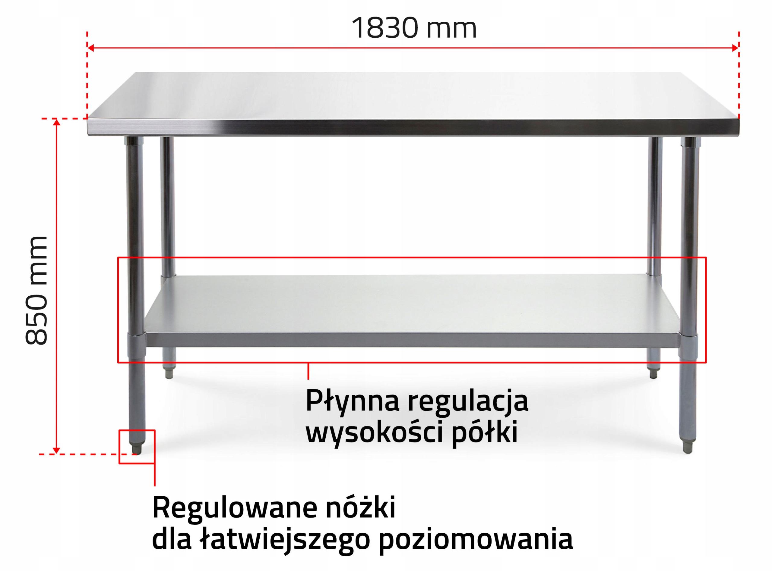 STÓŁ ROBOCZY BLAT STAL INOX 1800x700x850 mm Kod producenta WT2872E