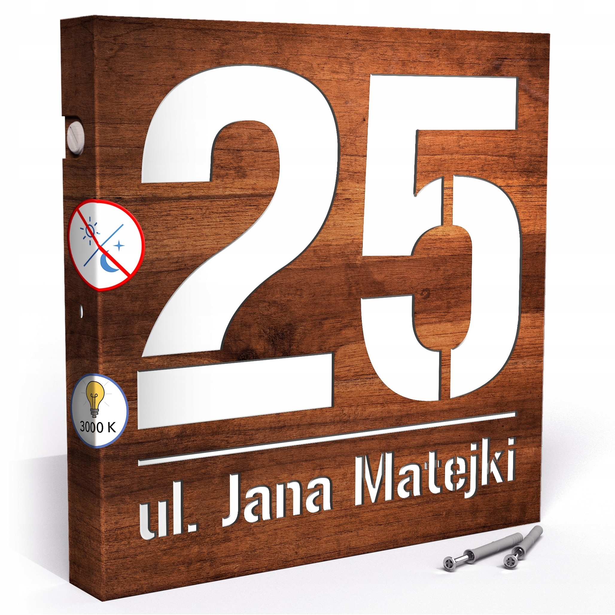 Led cedulka 3000k 30x30 cm Teplá barva Číslo na dům Tmavý ořech Čísla