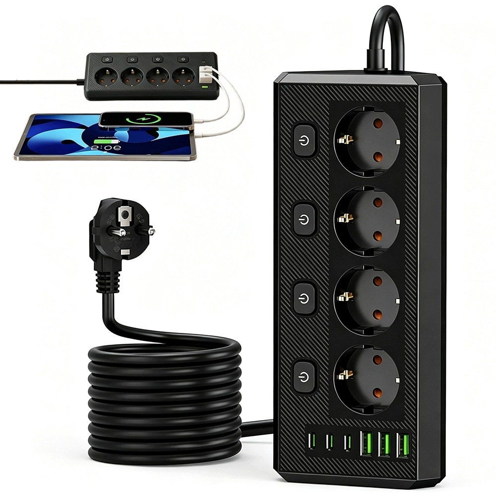 Przedłużacz Listwa Zasilająca Włącznik 6x Usb 4 Gniazda 2m Usb Typ C Usb-c