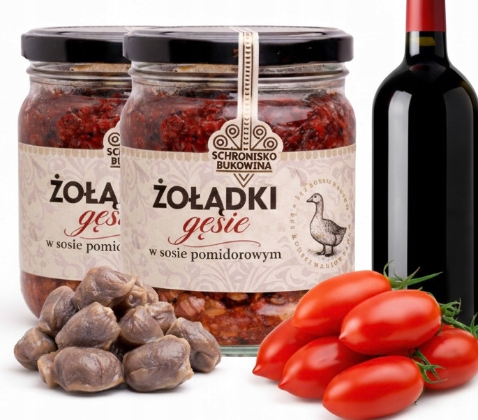 Žaludky 380 g v omáčce, hotové jídlo, husí maso, sklenice, italské rajčata, víno
