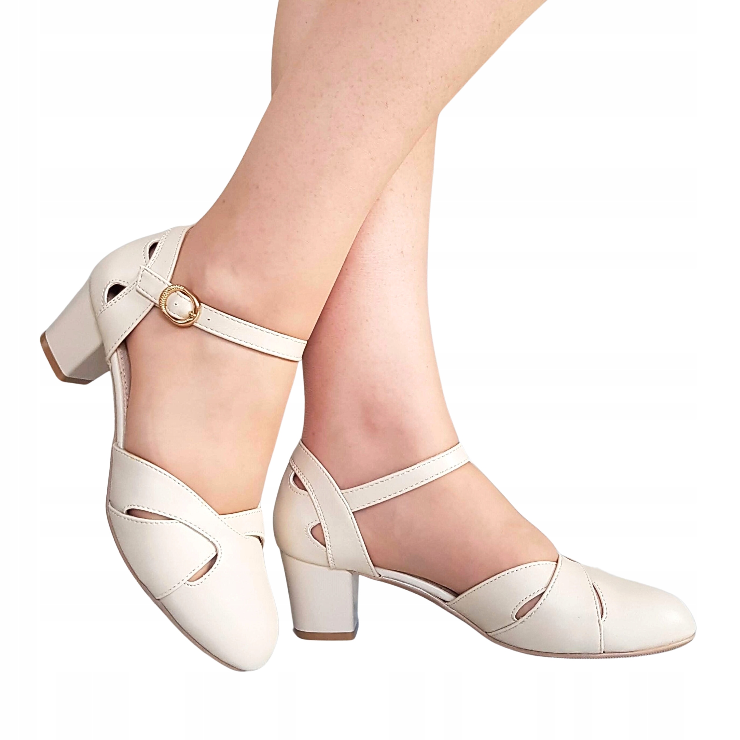 Beżowe Wycinane Buty Czółenka Słupek 5 Cm Wkładka Skóra 39