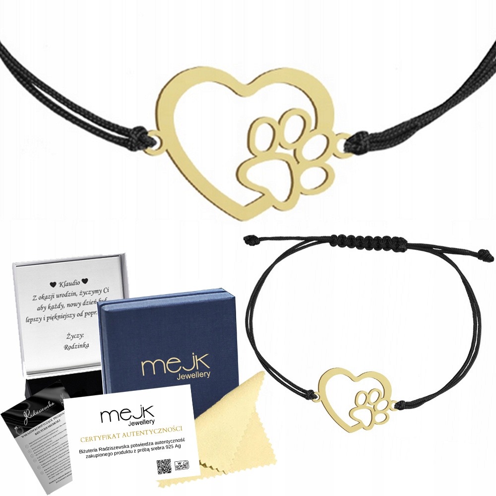 Zlatý náramek se srdcem a tlapkou pro kočku psa 925 provázek Šperky Dedikace