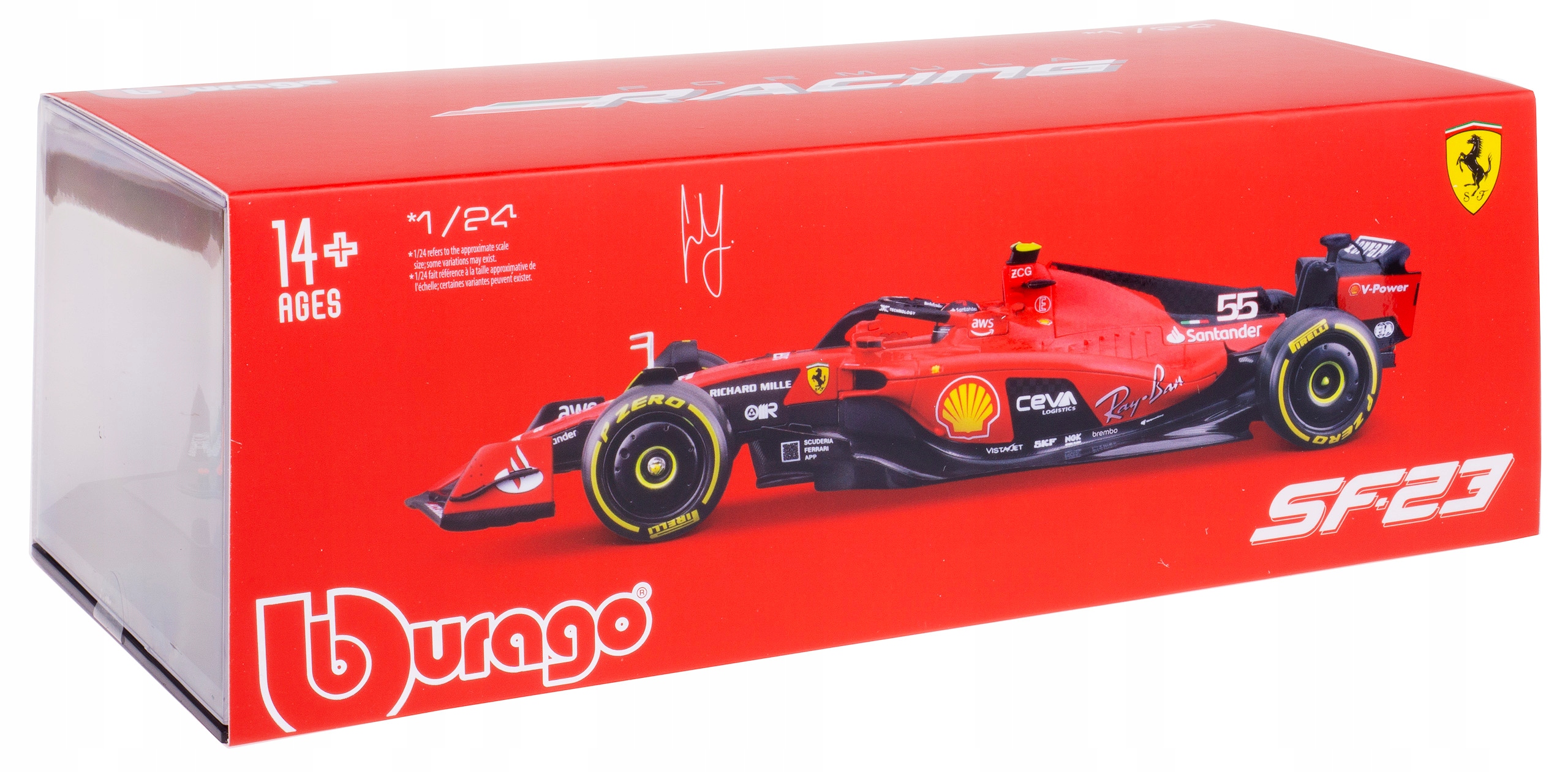 Ferrari SF-23 Bolid F1 Model Kovový Bburago 1:24 #55 C.sainz Box