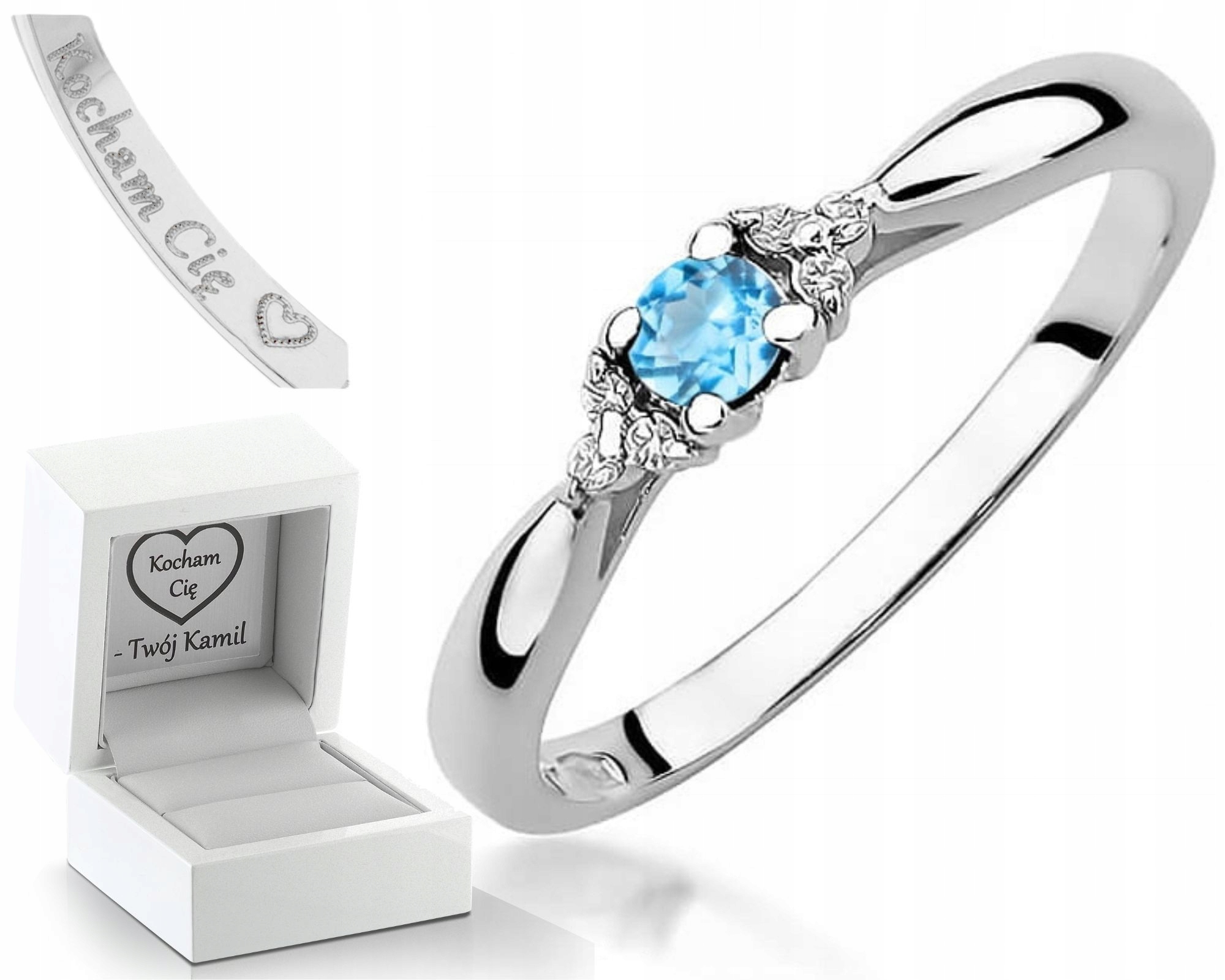 Prstýnek Topaz Brilianty Bílé Zlato Gravírování 585 Bonus Dárek