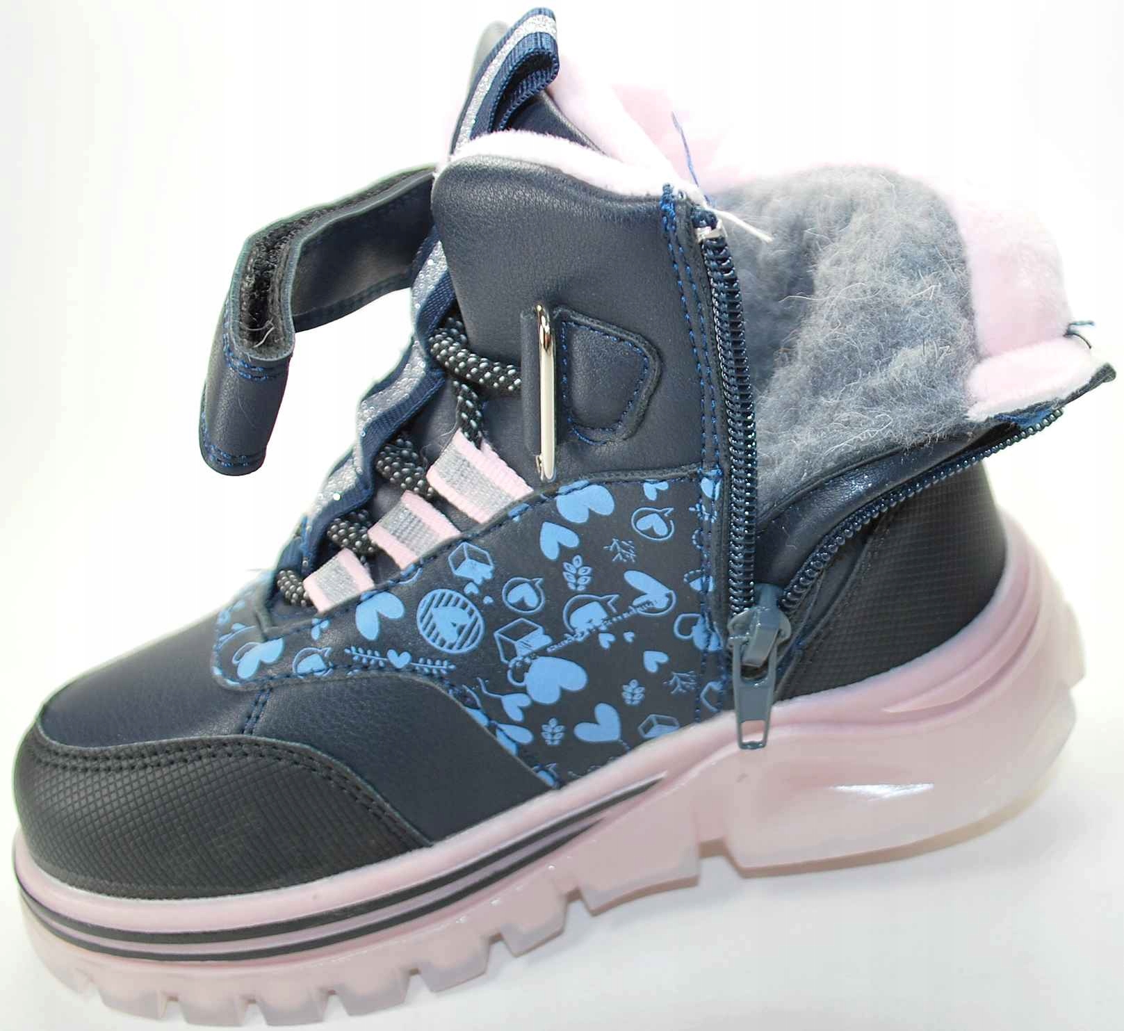 Granatowe ocieplane naturalnym futrem kozaki dla dziewczynki zima rzep 30 Bohater / Bajka brak