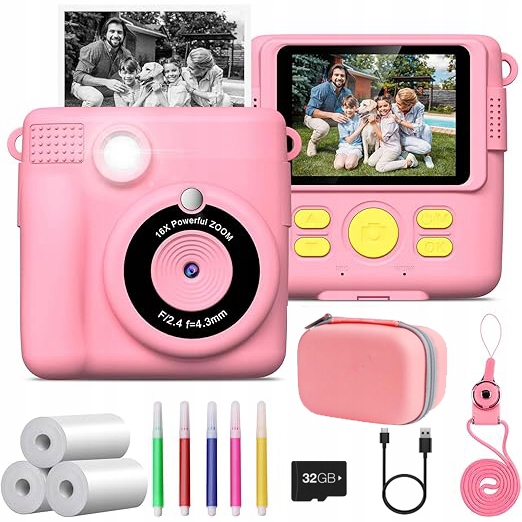 Instantní Fotoaparát Tepelná Tiskárna 3V1 Přenosná 3 Role Růžová
