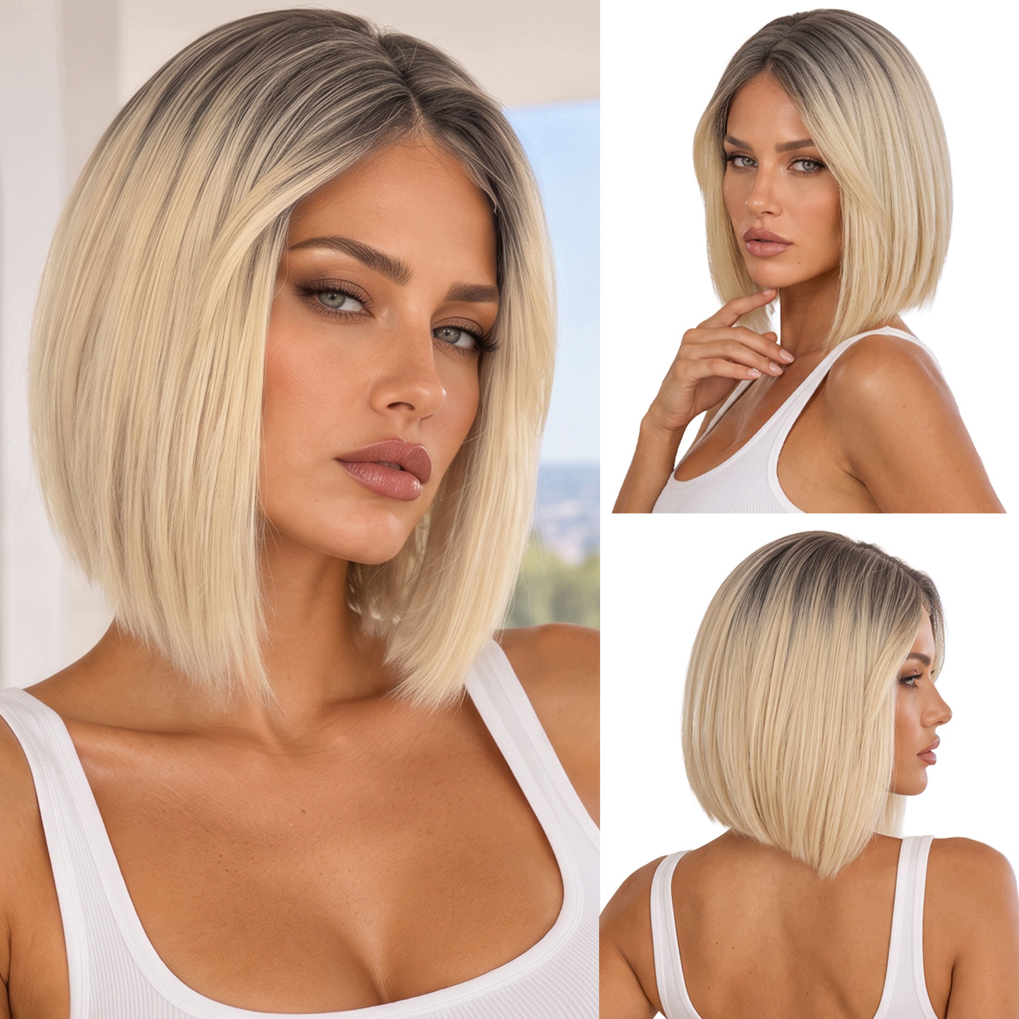 Peruka syntetyczna 30cm Bob z grzywką Top Lace jasny blond chłodny odrost
