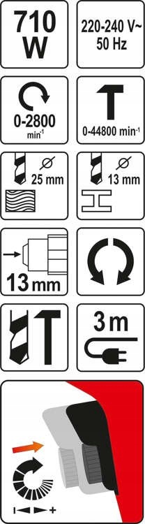 WIERTARKA UDAROWA 710W UCHWYT 13MM Zasilanie sieciowe