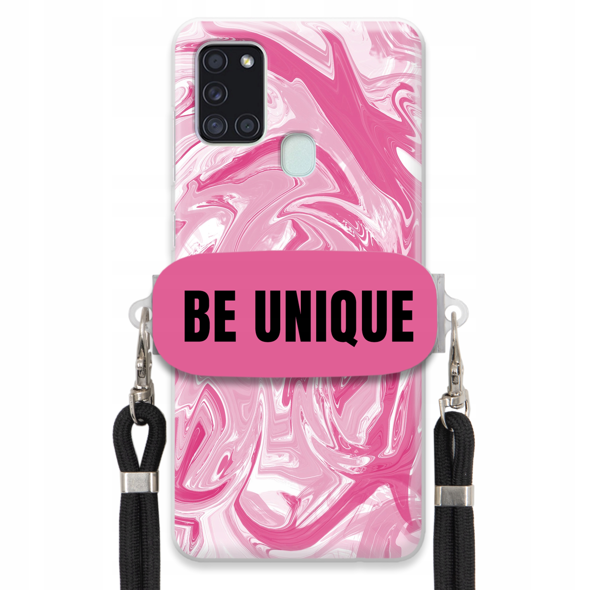 Pouzdro pro Samsung A21s Case Uchytka Šňůrka Černá Růžová Mramor Be Unique