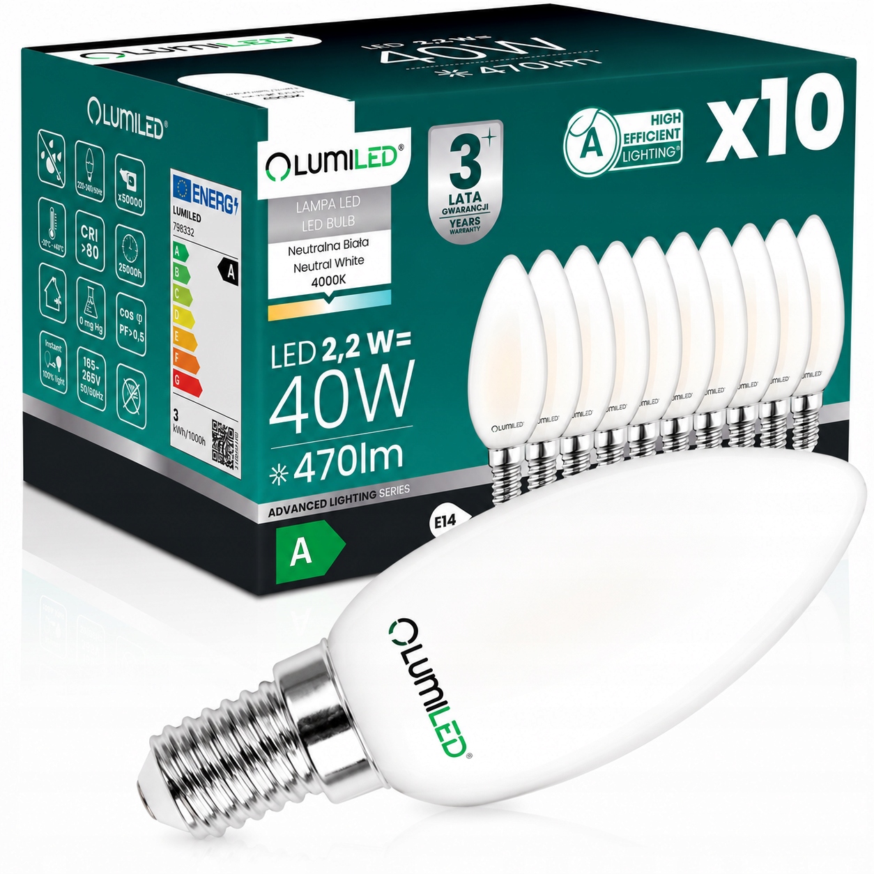 10x Led Žárovka E14 Filament Třída A 2,2W 470LM 40W 4000K 360° Svíčka