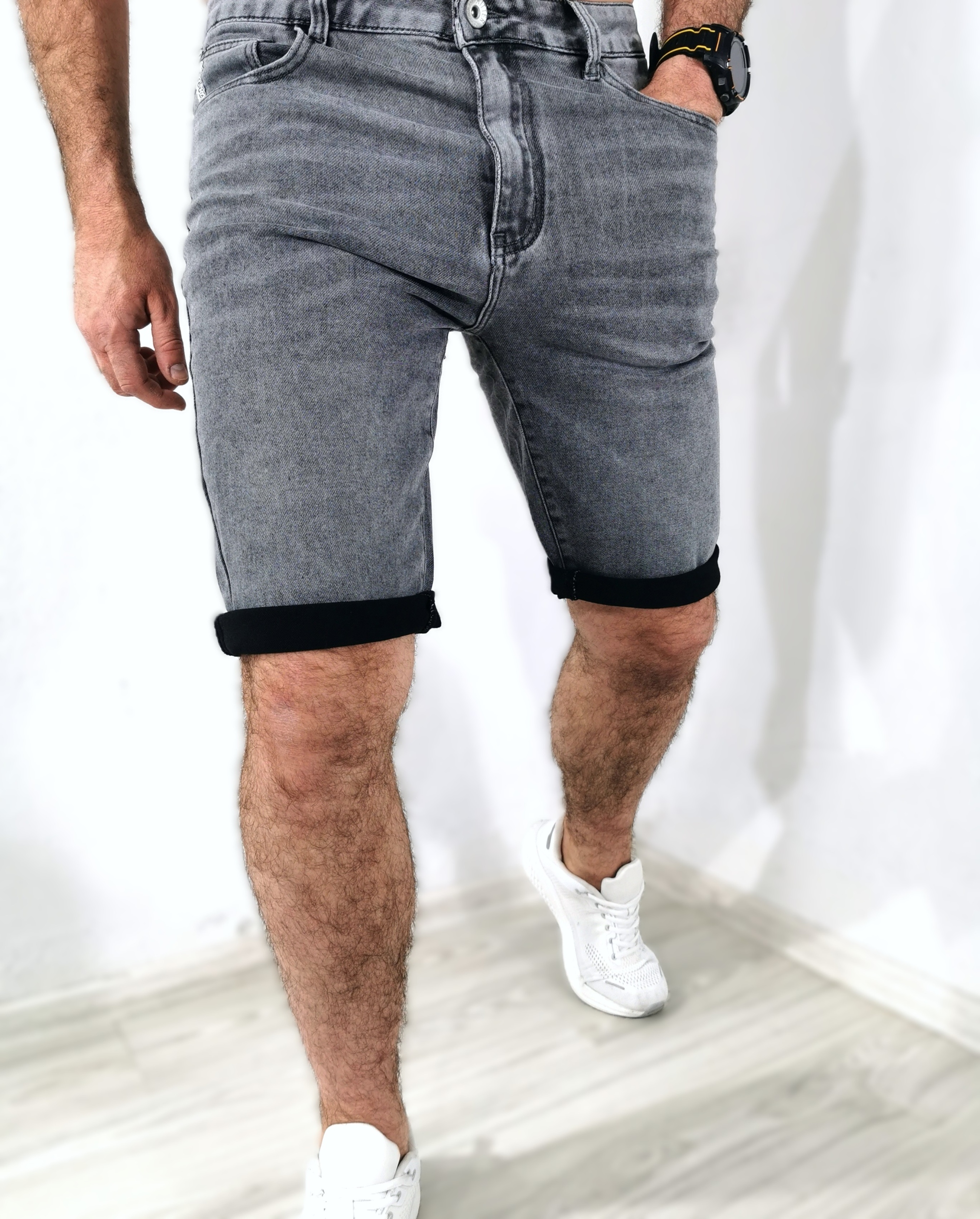 Krátké kraťasy, šedé, hladké džíny, Pásek, velikost 38