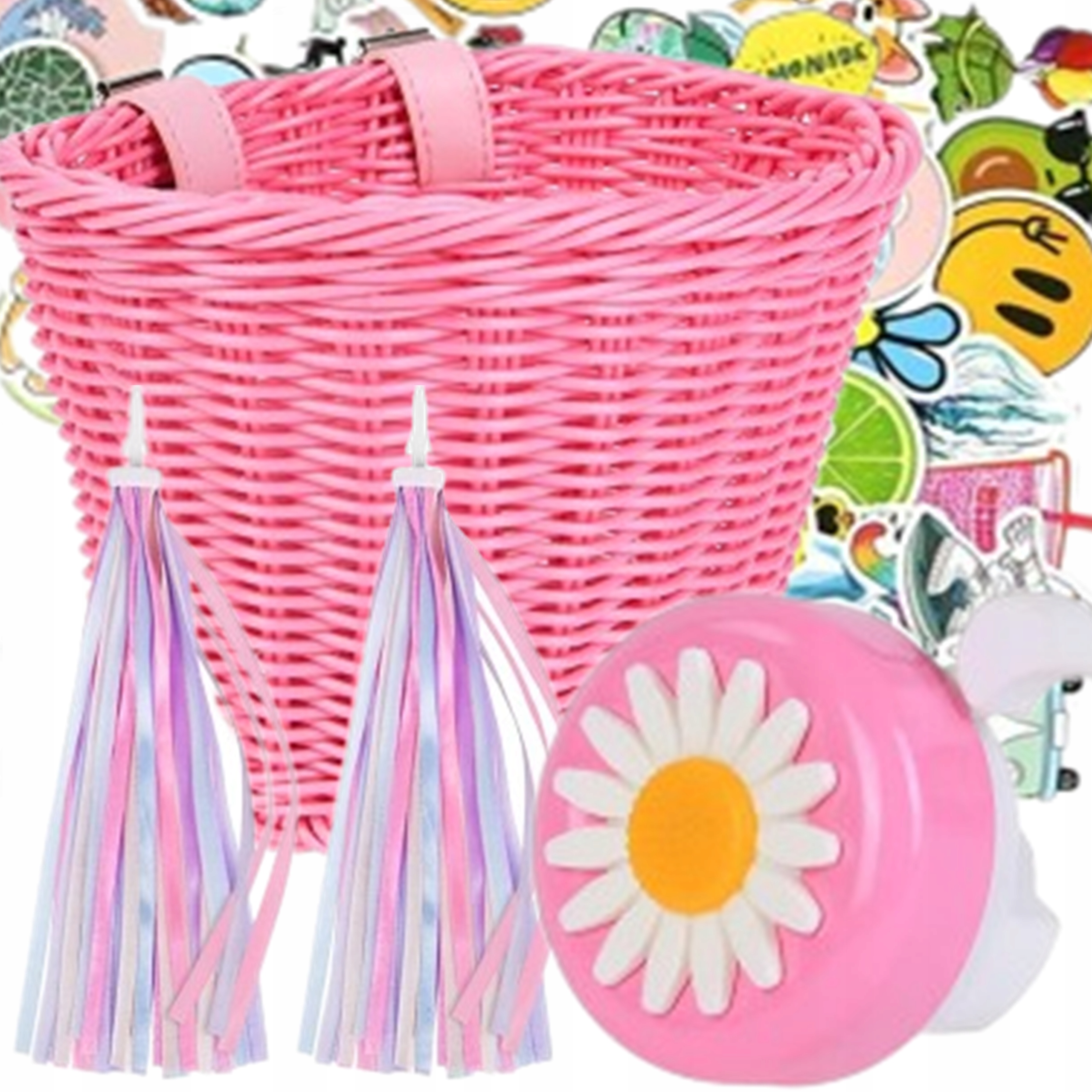 KOSZYCZEK KOSZYK DO ROWERU DLA DZIEWCZYNKI RÓŻOWY NAKLEJKI FRĘDZLE DZWONEK