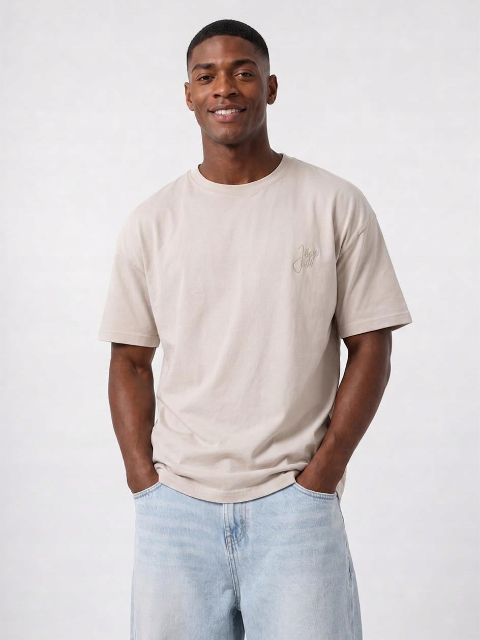 Tričko Oversize Tričko Pánské Béžové Jigga Široké Volné Výšivka Logo XL
