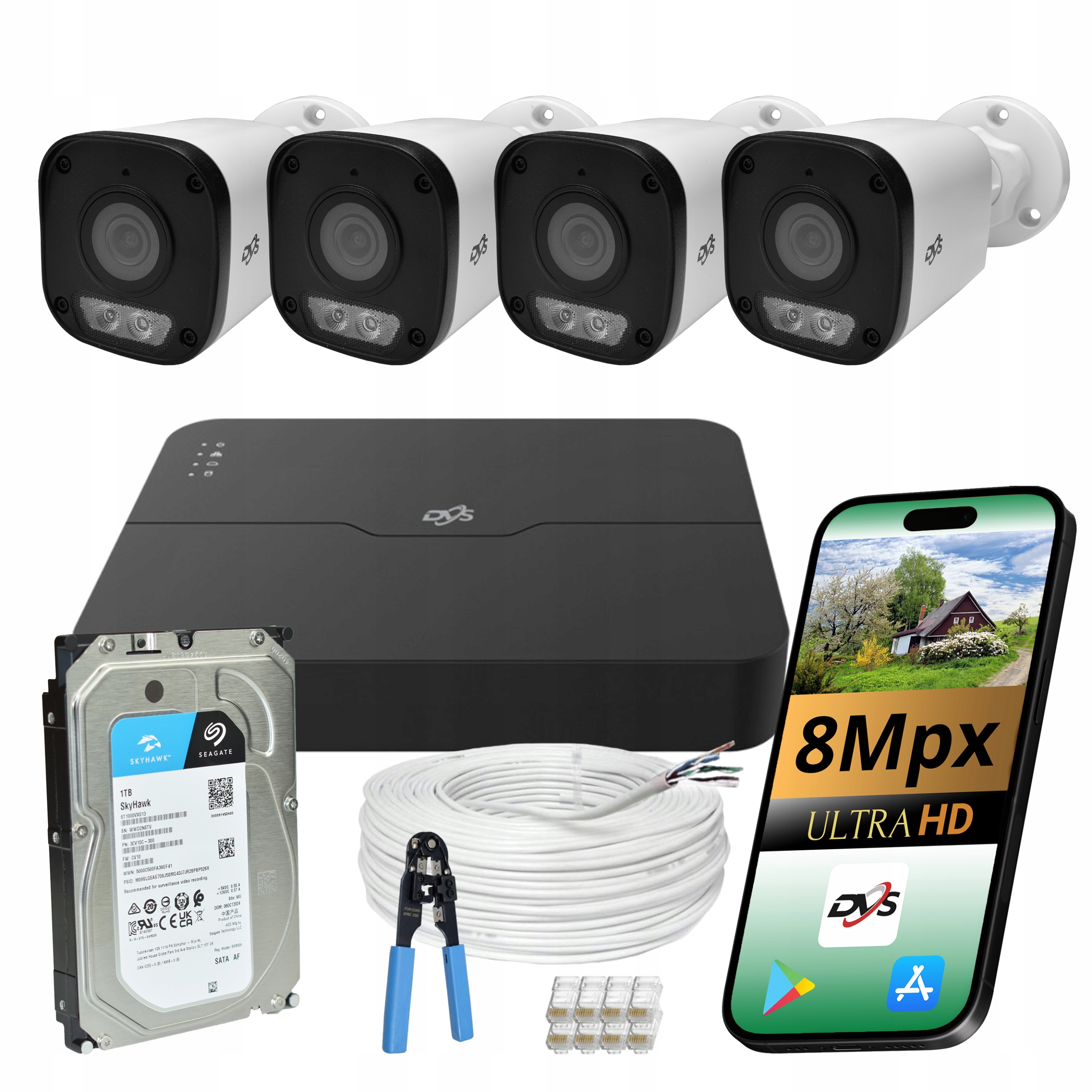 Set 4x Tubová Ip Kamera Dvs Monitoring PoE Dual Light 8MPX Uhd Disk 1TB