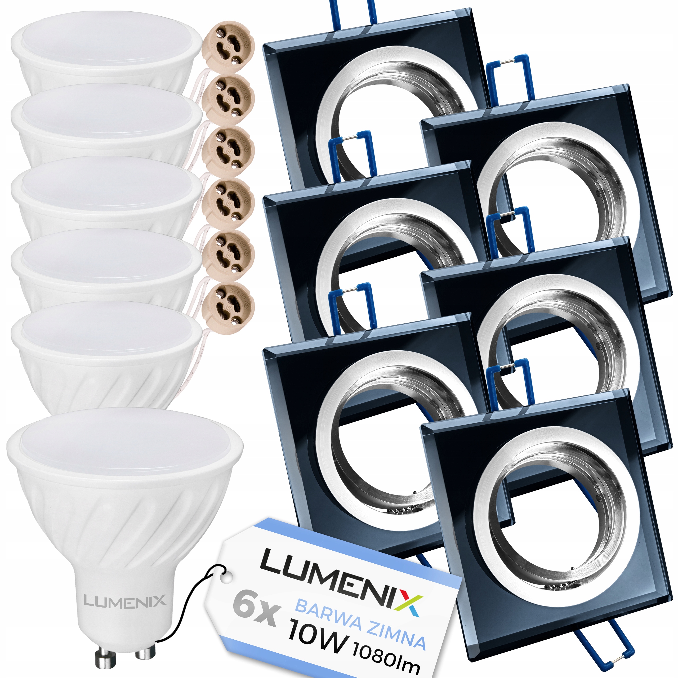 6x Oprawa Ruchoma Kwadrat Szklana Czarna żarówka GU10 Led 10W Zimna
