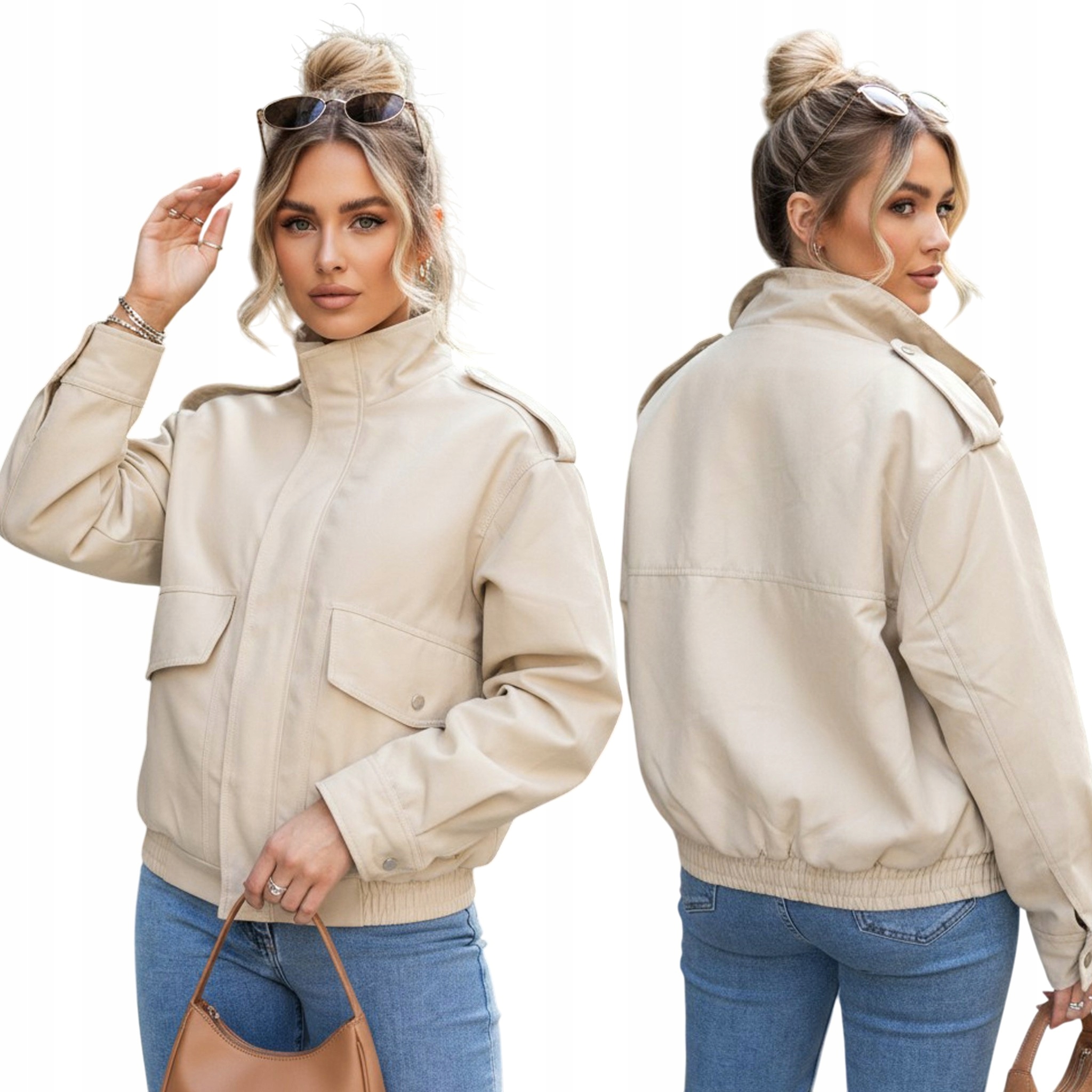 Kurtka damska zamszowa bomberka z pagonami beżowa TY5657 L