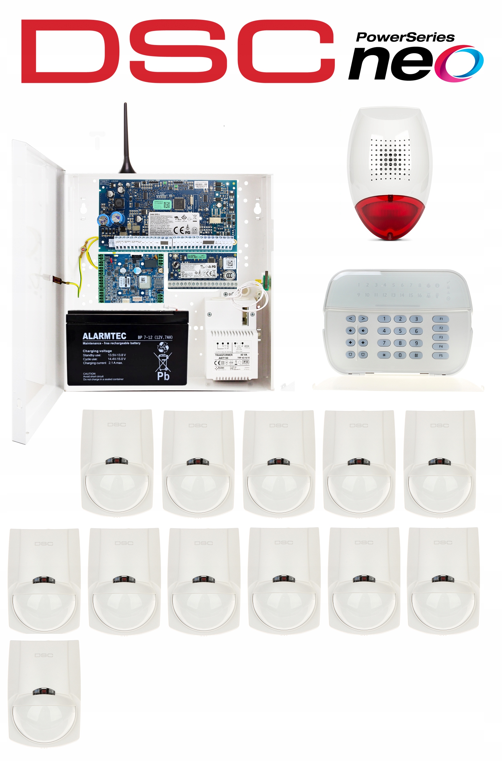 System Alarmowy Dsc Neo Zestaw 12 Czujek Pir LC100 Gsm Led Syrena Aplikacja