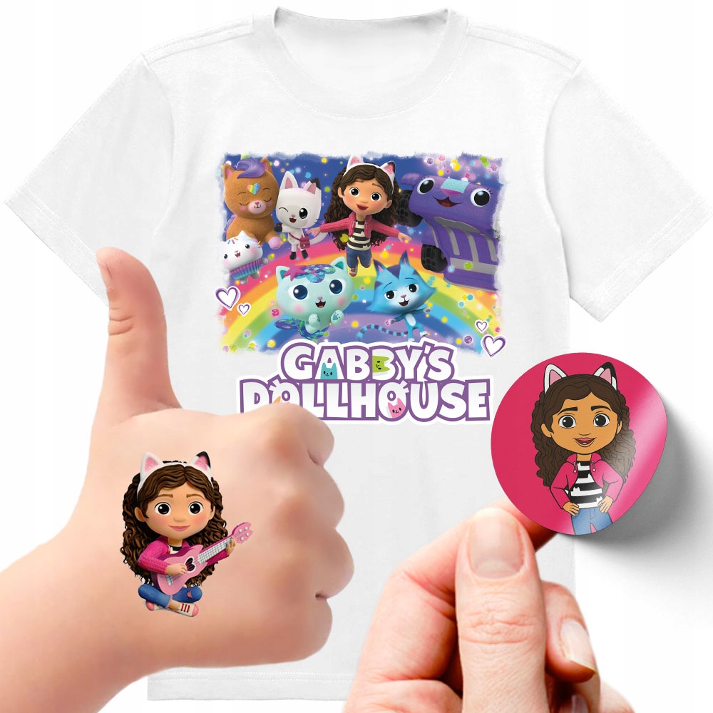 ZESTAW 3W1 KOSZULKA DLA DZIECI TATUAŻE NAKLEJKI KOCI DOMEK GABI 104 JAKOŚĆ