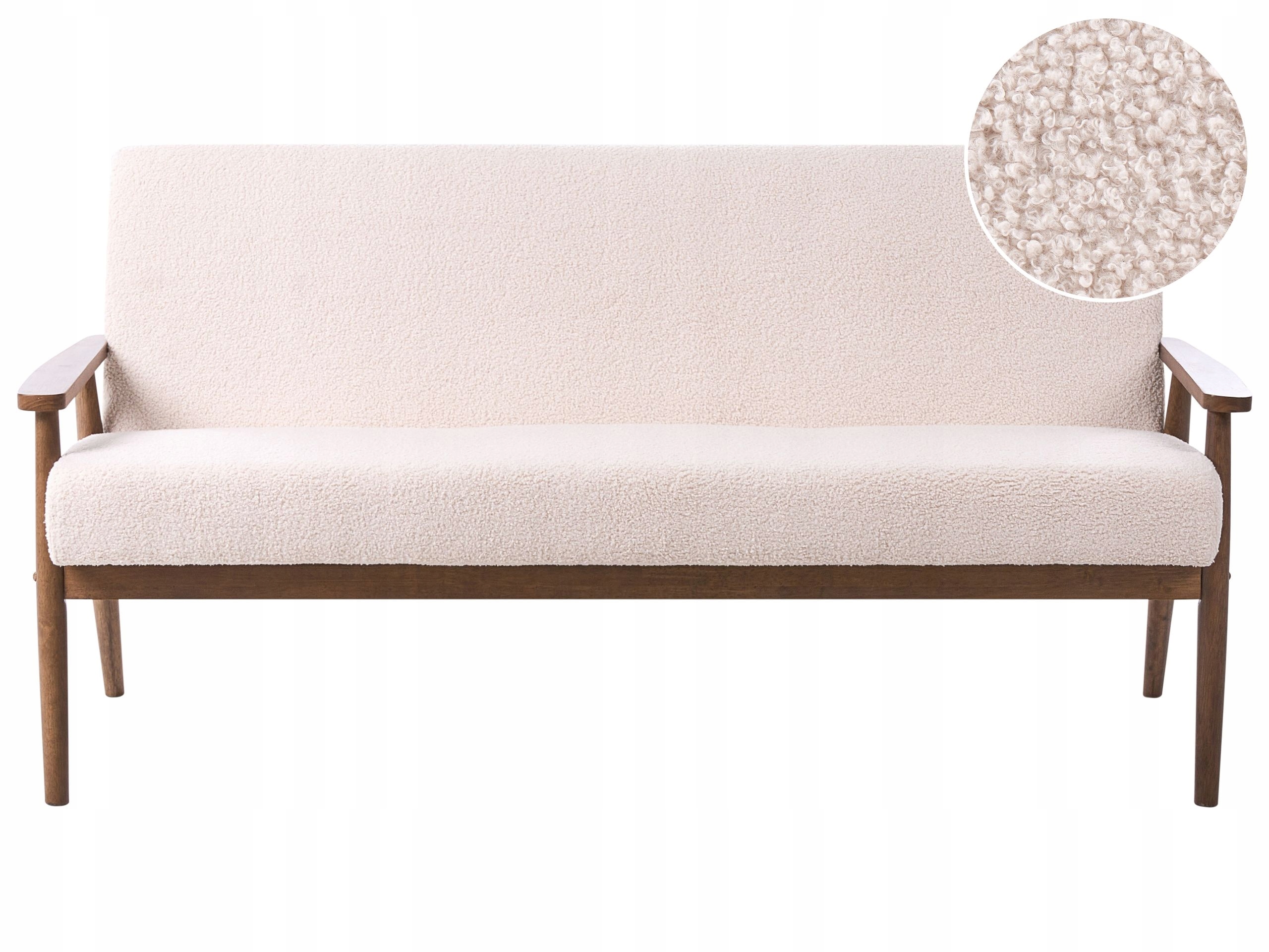 Sofa retro tapicerowana boucle beżowa z ciemnym brązem