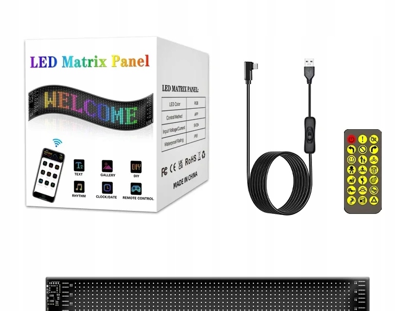 LED Matrix Panel matrycowy LED 16 x 64 pikseli 9 x 37 cm USB 450 cm Pilot