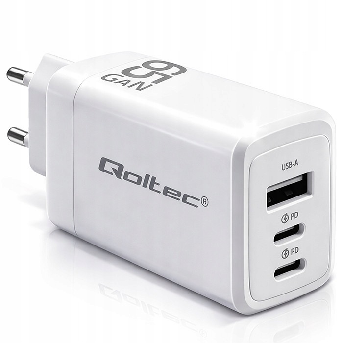 Qoltec Ładowarka sieciowa 65W GaN 5-20V 3-3.35A 2x Usb-c Pd 1 x Usb Qc 3.0