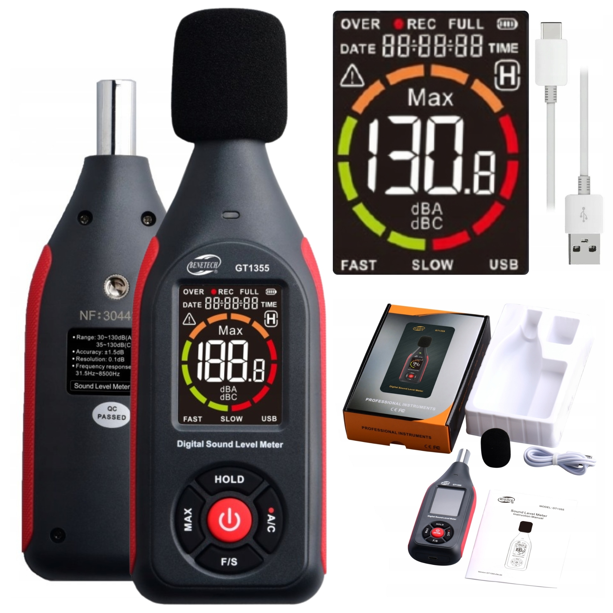 Sonometr Decibelometr Měřič Intenzity Zvuku Hlasitosti 30-130 dB LCD Pc