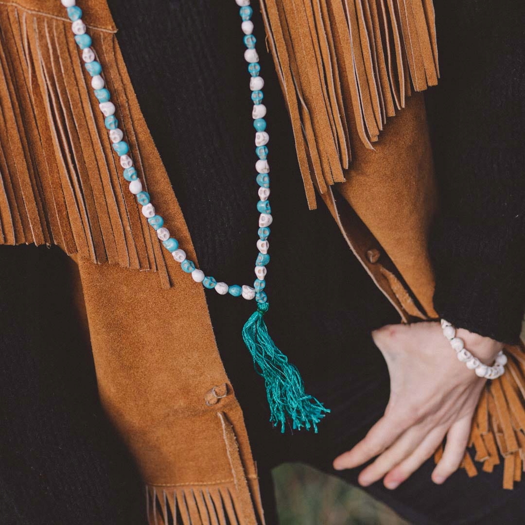 Mala buddhistická kost yaka 14 Bílá Tyrkysová