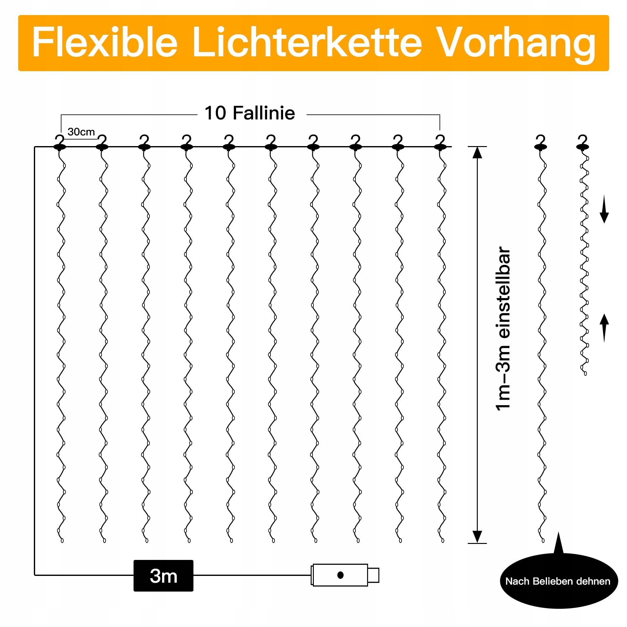 OLLNY Kurtyna Świetlna Girlanda Wodoodporne Lampki Białe 3x3m 300 LED — miniatura 6