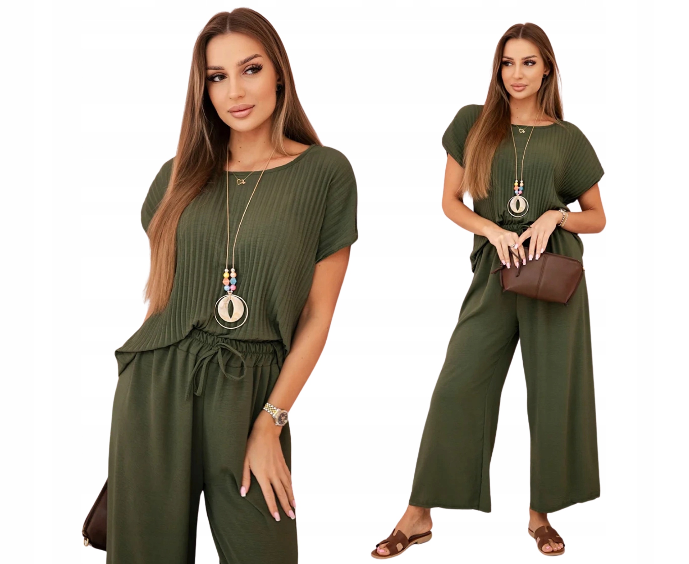 Khaki komplet damski z wiskozy plisowana bluzka spodnie