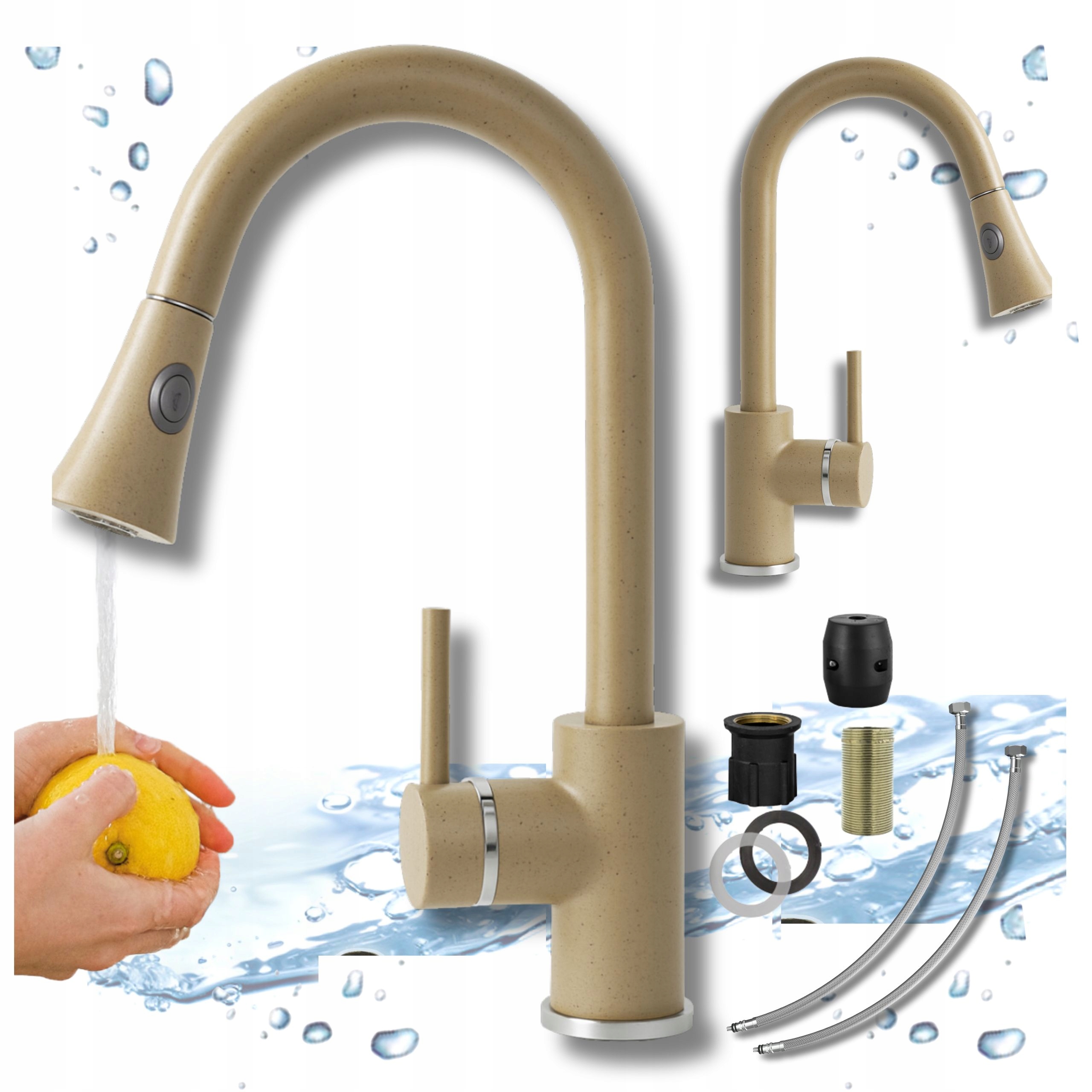 Béžová kuchyňská baterie s vytahovací dvousložkovou sprchou