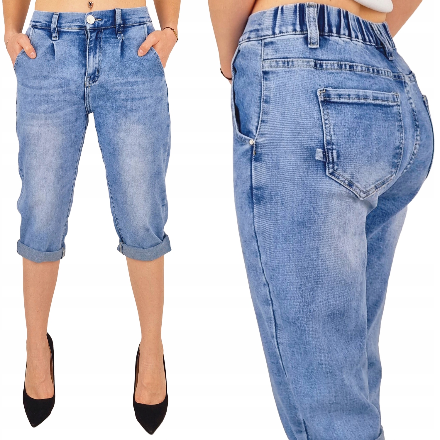 

#damskie Spodnie Jeansowe Rybaczki 3/4 w Gumkę