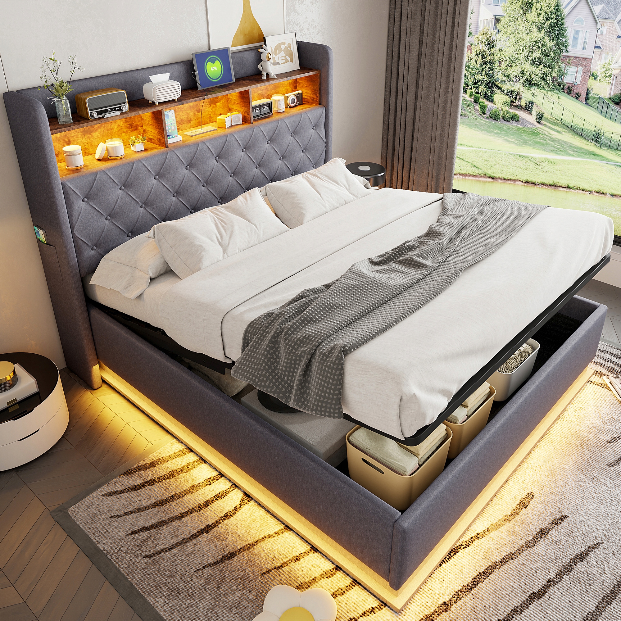 Čalouněná postel 160 x 200 cm Hydraulická manželská postel Led Usb Šedá