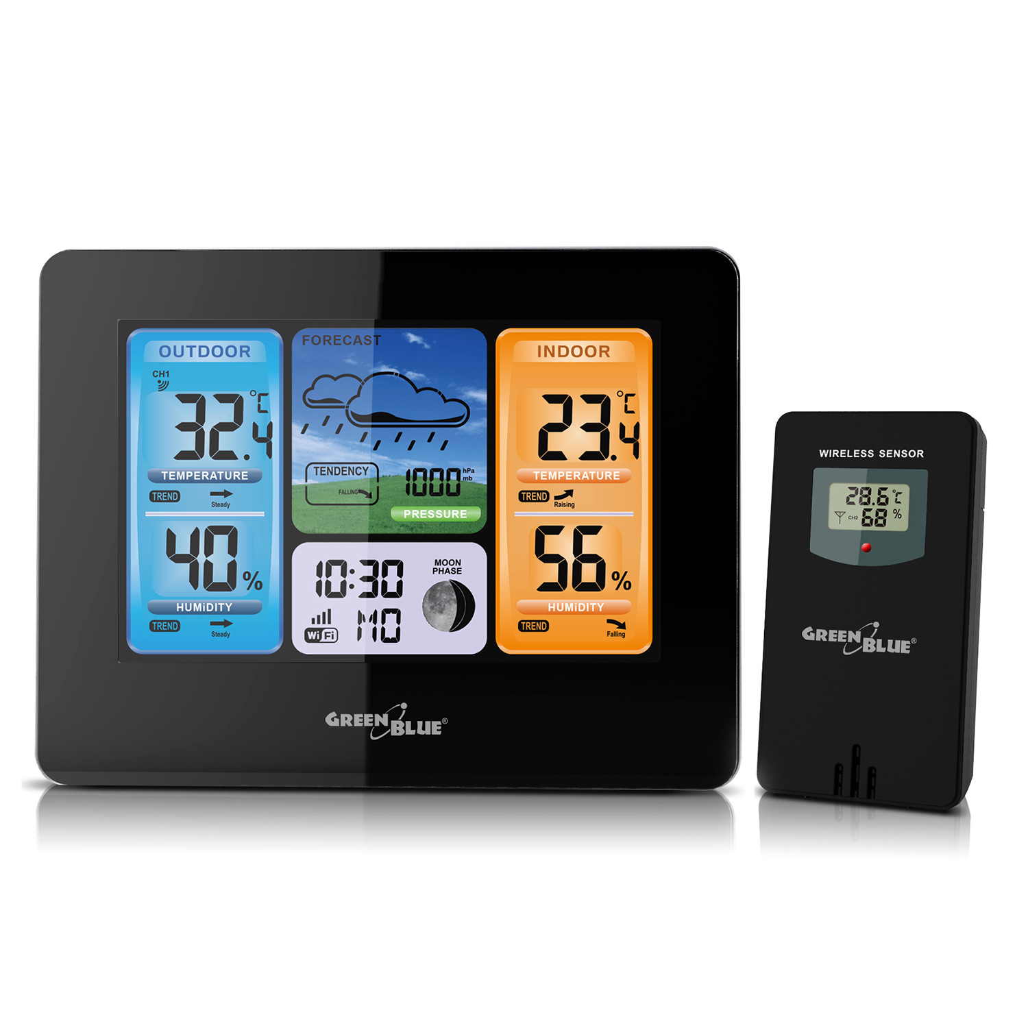 Bezdrôtová meteorologická stanica GreenBlue, farebná, WiFi, fázy mesiaca, GB522
