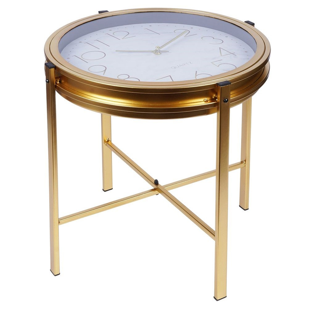 Konferenční stolek kovový zlatý s hodinami Glamour kulatý stůl lavice