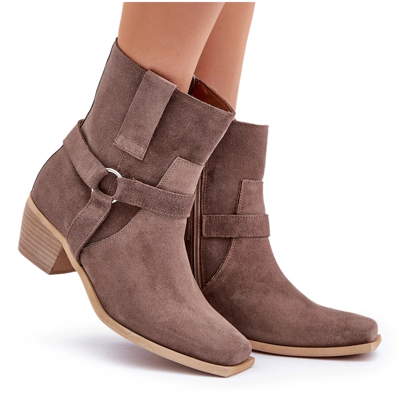 Kotníkové Boty Na Nízkém Semišovém Podpatku Na Zip S Pásky Zazoo 3444/2 Hnědé 38