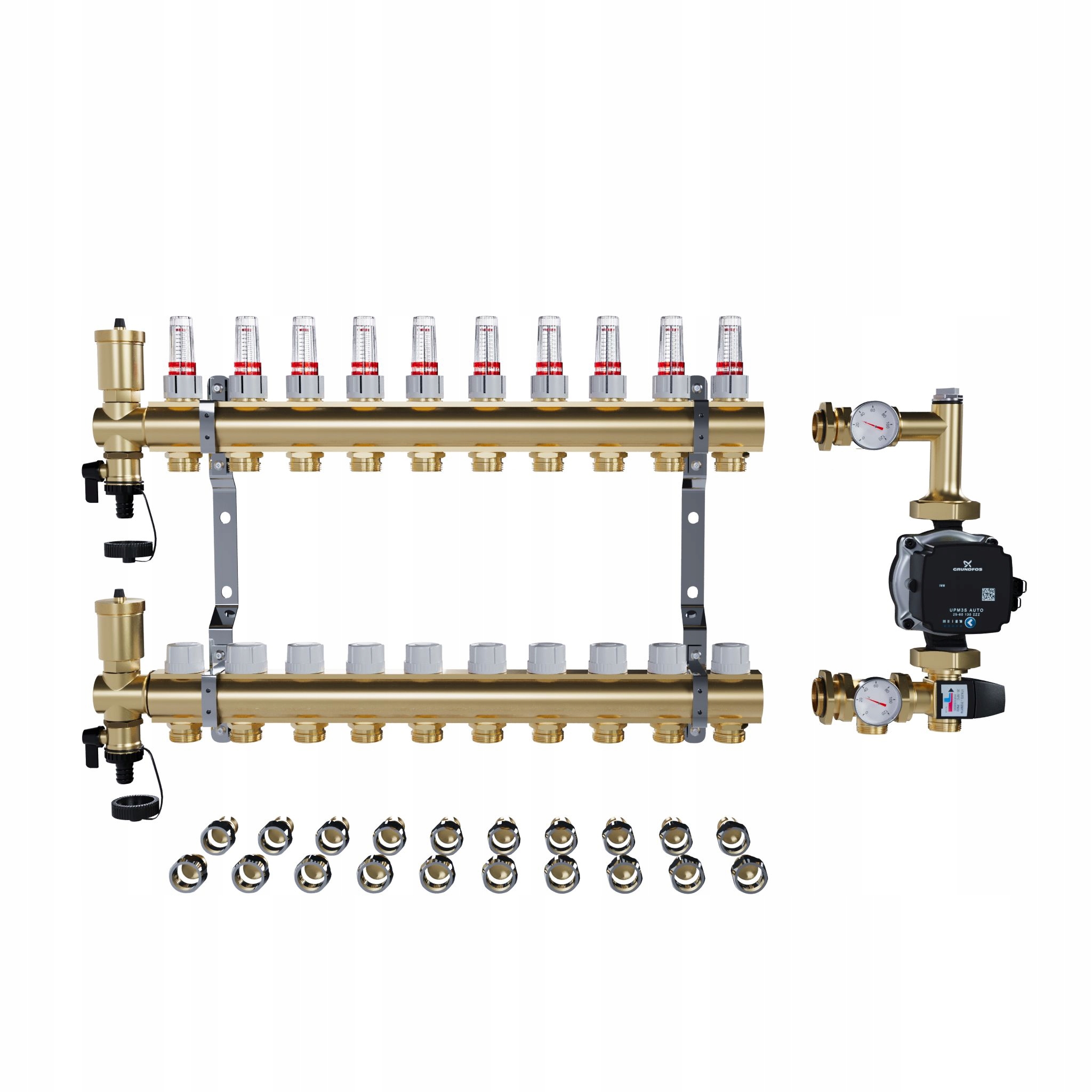 Rozdělovač pro podlahové topení 10 sekcí Spojky Pex+pompa Grundfos