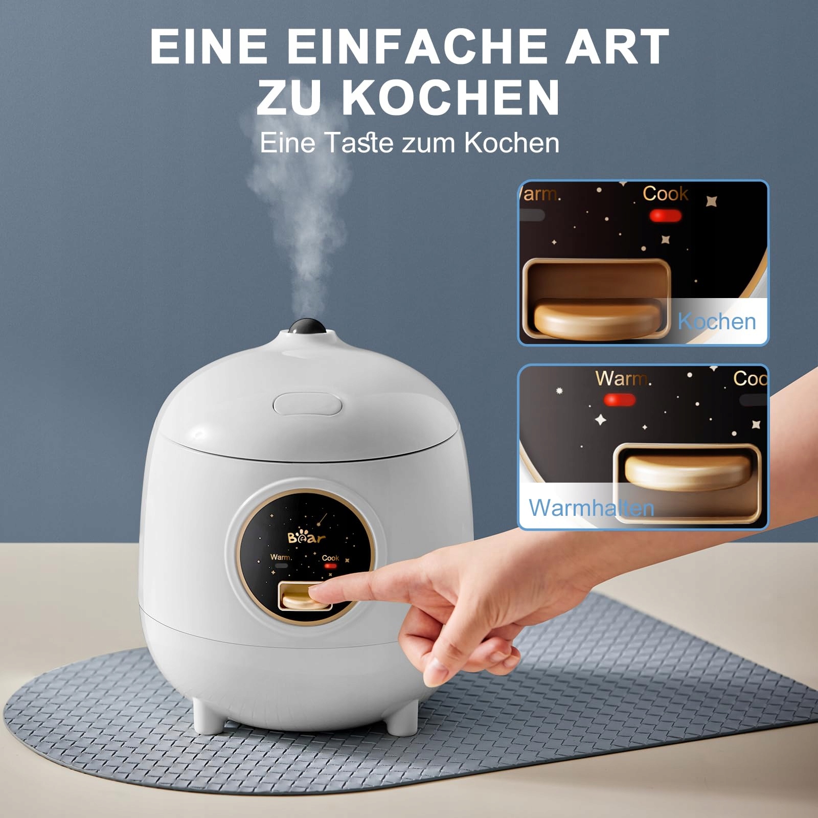BEAR Mini Ryżowar 1.2L BPA Free Powłoka Nieprzywierająca Biały — miniatura 2