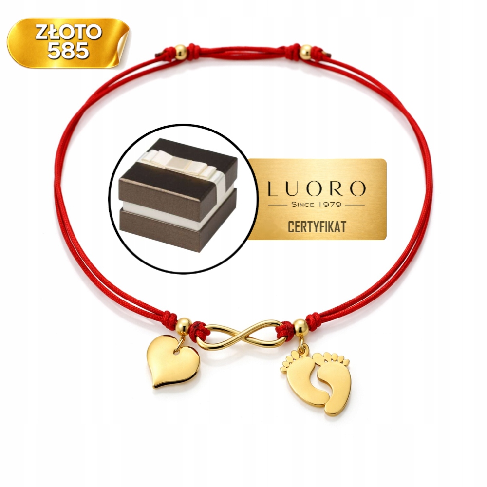 Náramek Zlatý 585 14K Chodidla Srdce Nekonečno Nastavitelný 12 CM