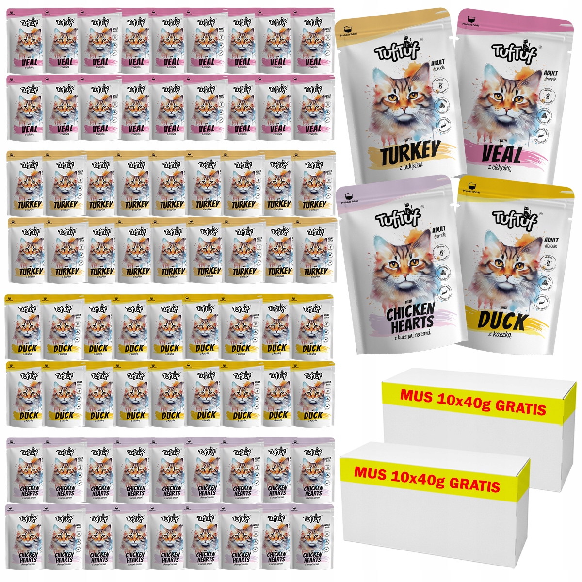 Levně Mokré Krmivo Pro Kočky TufTuf Kapsička MIX Chutí 80x100g Pěna 20x40g Bonus