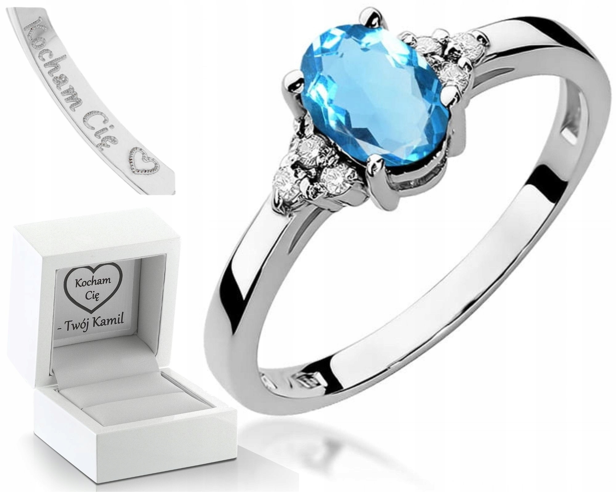 Prstýnek Z Bílého Zlata S Topazem A Diamanty, Gravírování 585, Dárek
