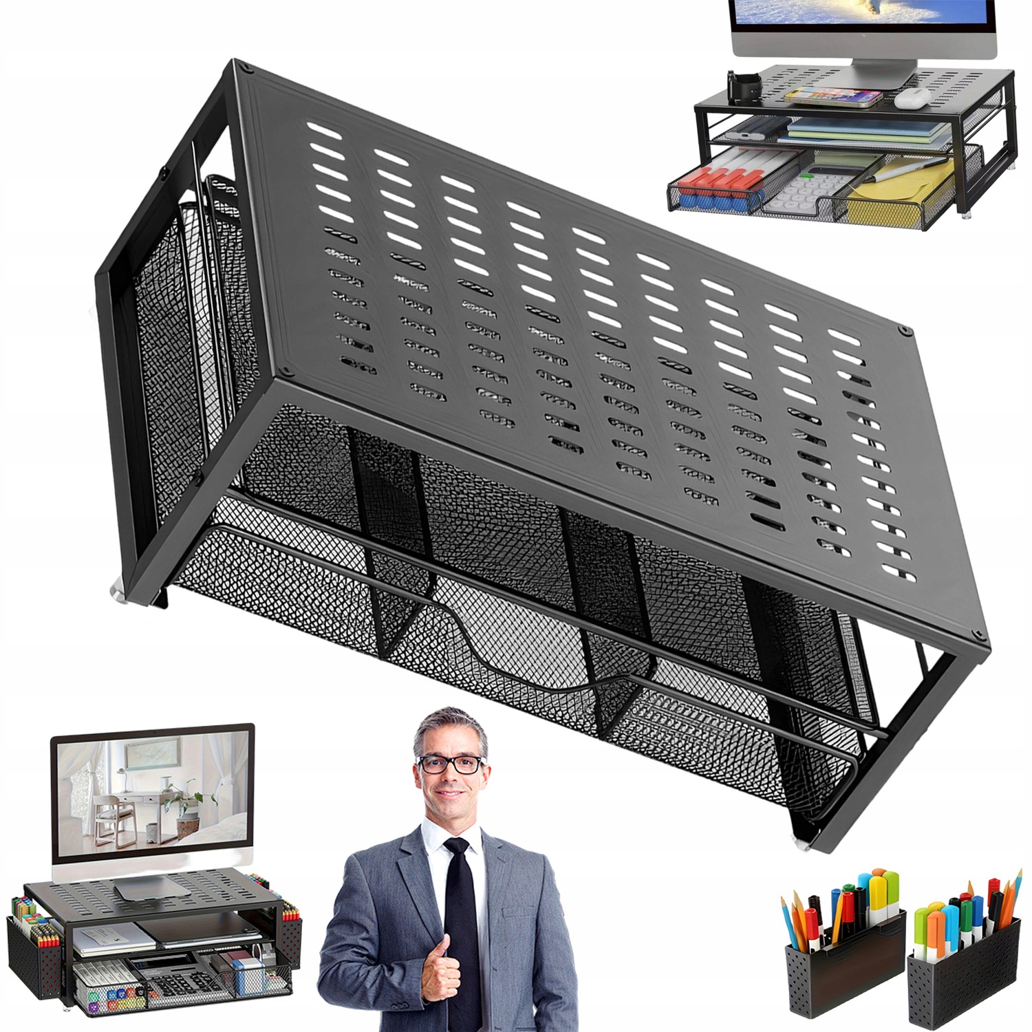 Podstavec Pod Monitor Pro Tiskárnu Se Zásuvkami, Kovový, Černý