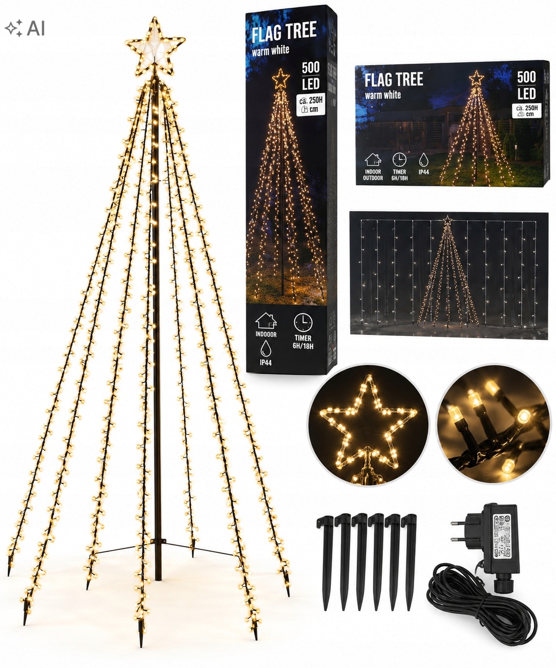 Led světelný vánoční stromek 250 cm 500 Led teplá bílá barva – venkovní IP44 s časovačem