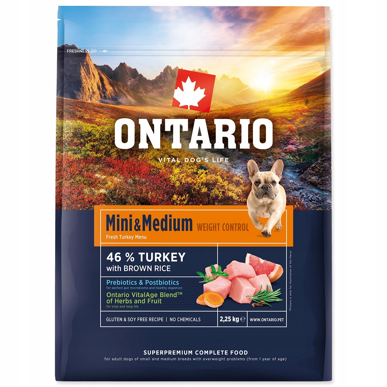 Krmivo Ontario Mini &amp; Medium Weight Control Turkey &amp; Brown Rice 2,25kg