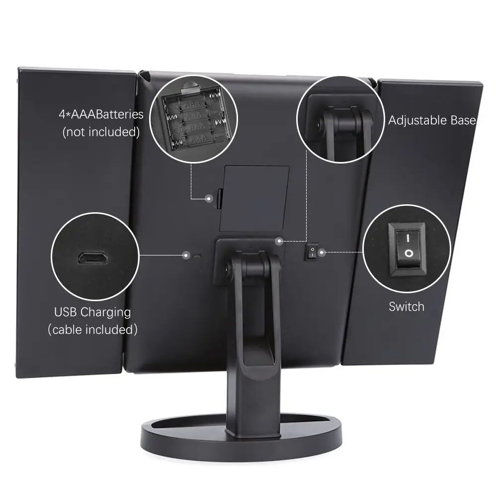 Foldable Makeup Mirror With LED Light 3 Folding 1X 2X 3X Desktop Vanity Mir Kolor dominujący czarny
