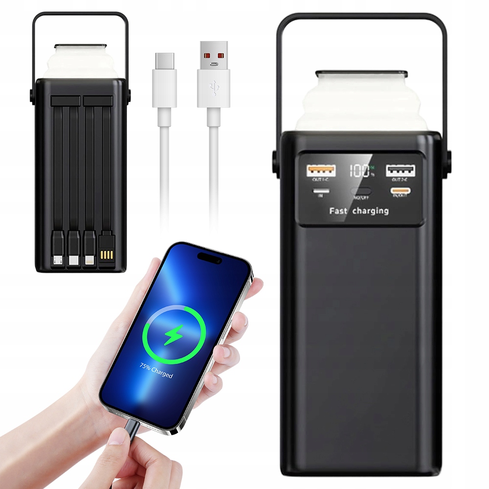 Power Banka 60000MAH 45W Rychlé Nabíjení 4 Led Kabely Přenosné