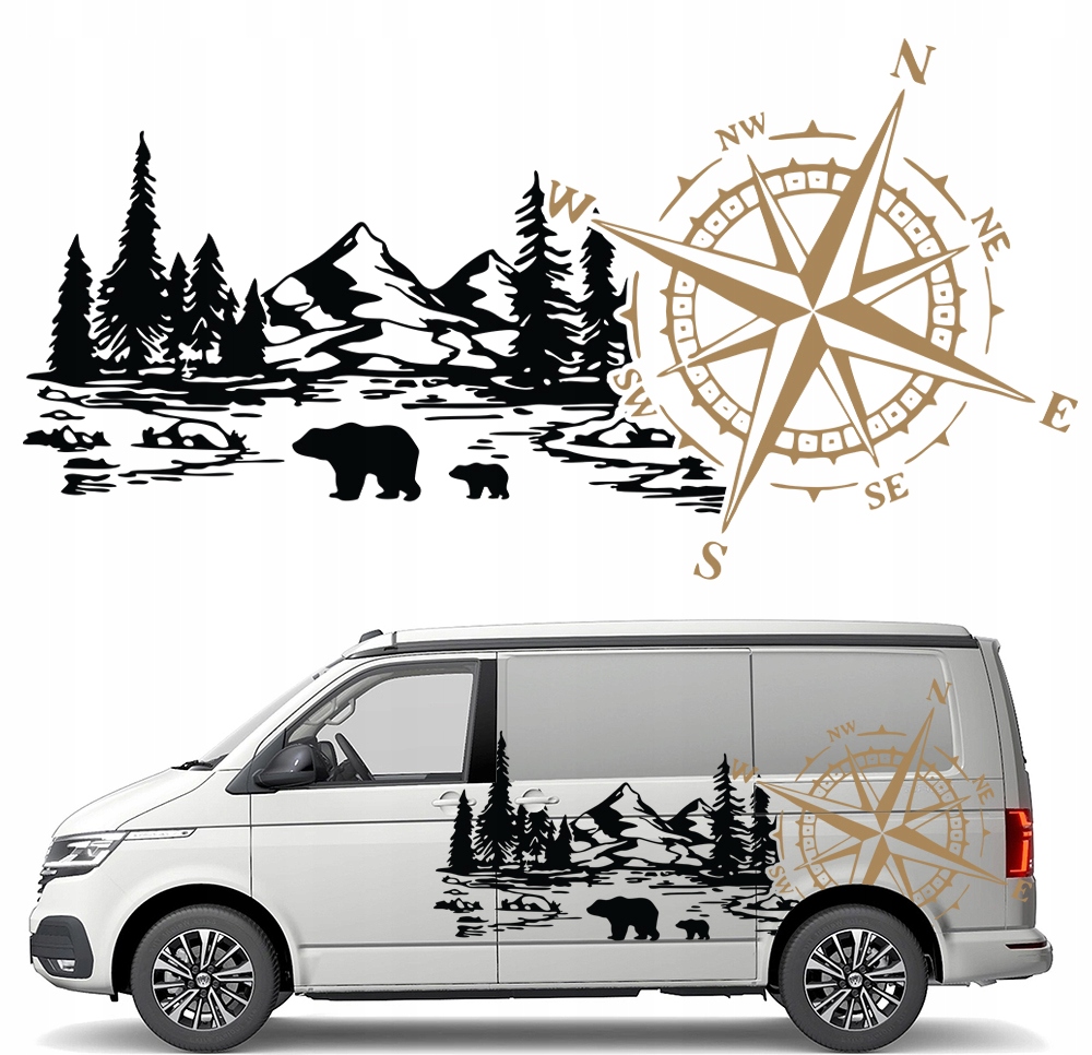 Samolepka Grafika na karavan Přívěs Růže Větrů Kompas Medvídci Hory 90x176