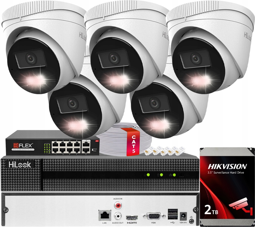 Monitorovací sada 5x IPCAM-T8-30DL 8MPx HiLook od společnosti Hikvision Detekce Ai