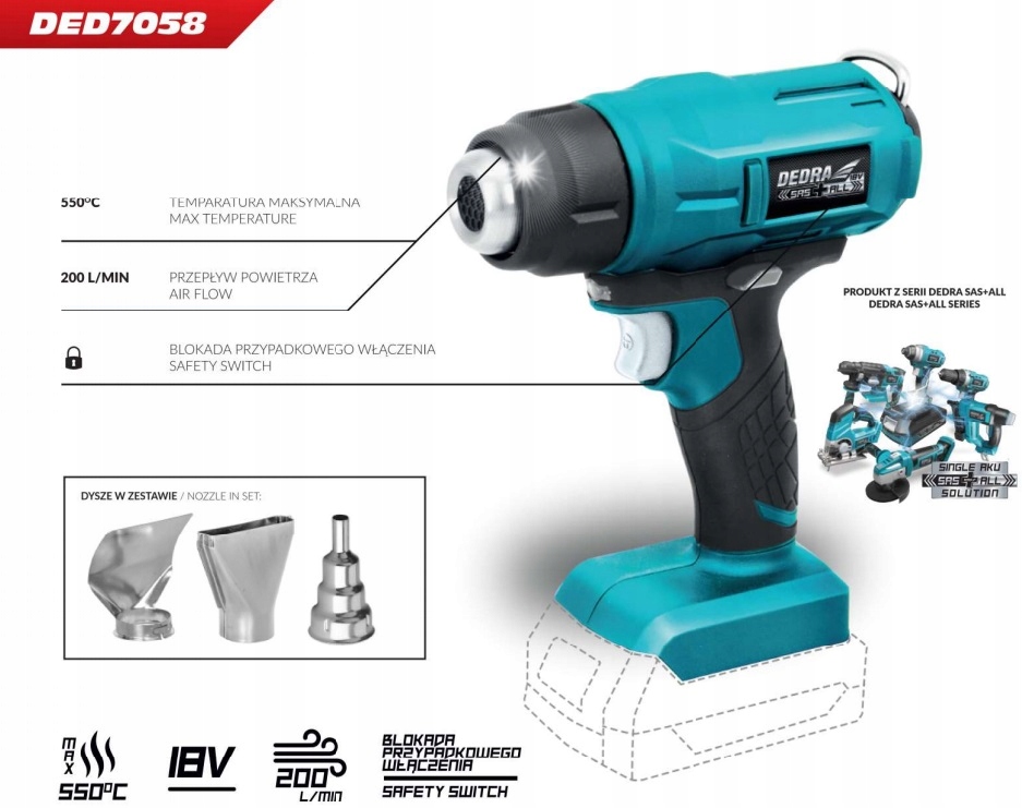 DEDRA Opalarka Aku DED7058 18V SAS +5Ah+KUFER Temperatura maksymalna 550°C