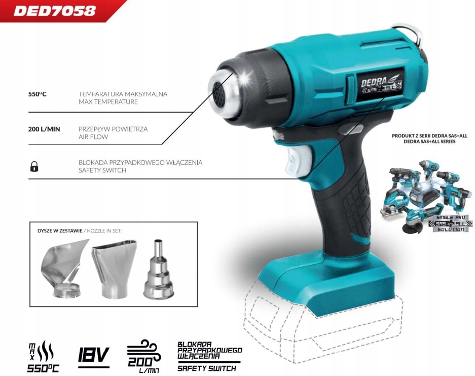 DEDRA Opalarka Aku DED7058 18V SAS +KUFER Temperatura maksymalna 550°C